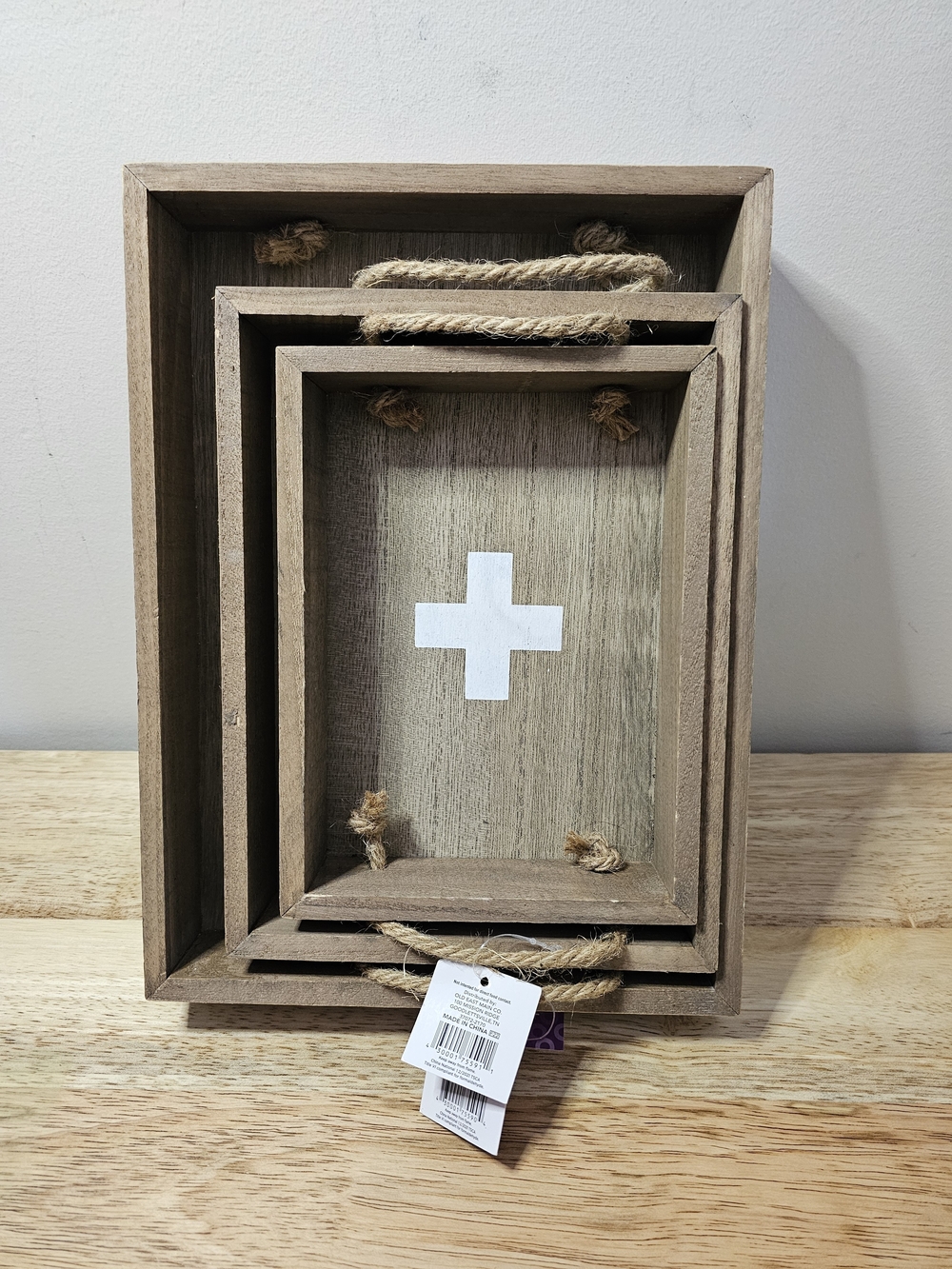 Rustic Brown Wooden Nesting Trays with Rope Handles